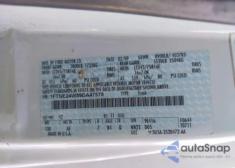 2009 Ford E-250 Commercial/Recreational из США, поврежденный, VIN 1FTNE24W59DA47578